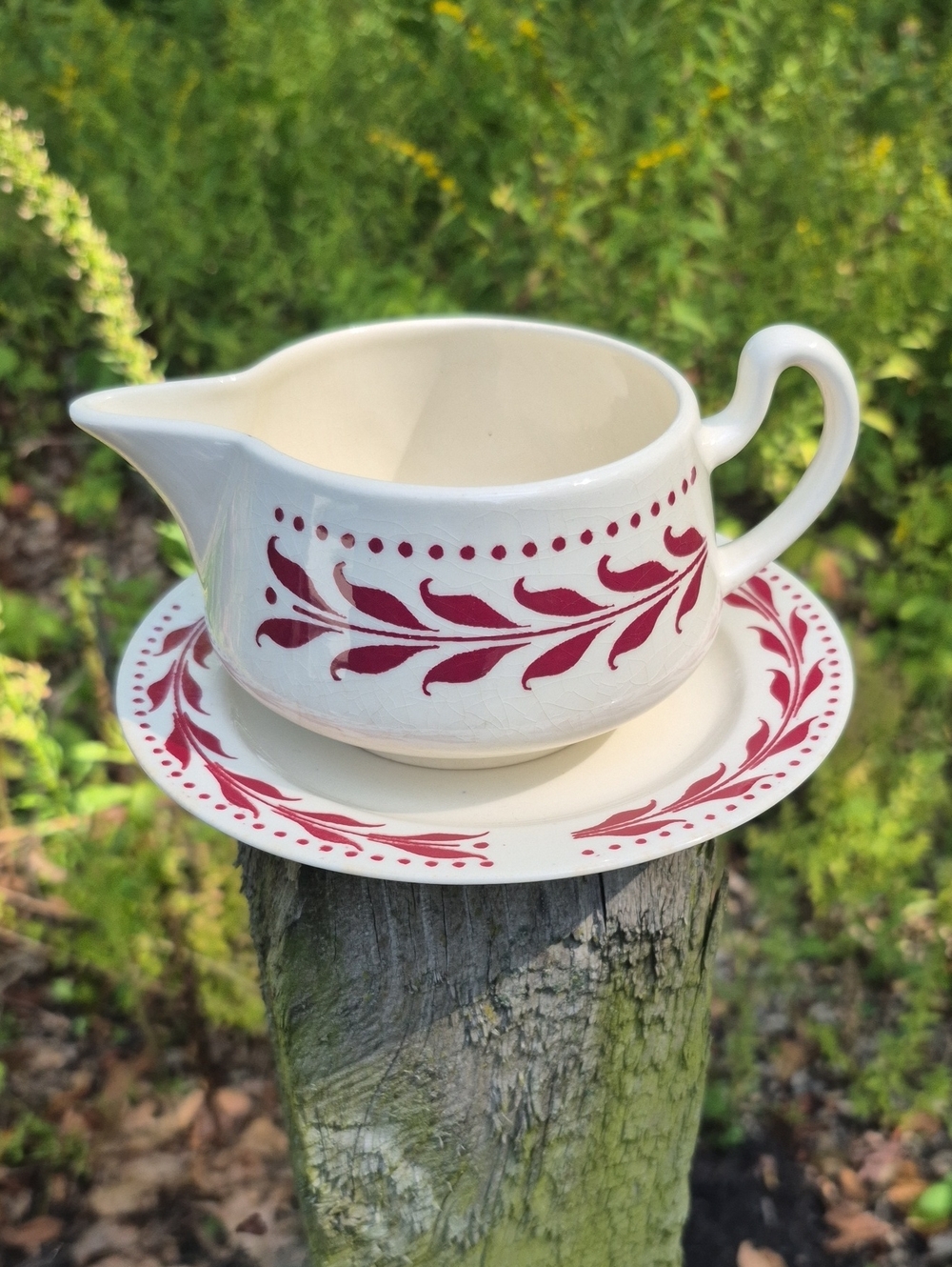 Cream and Red Floral Ceramic Gravy Boat with Saucer
